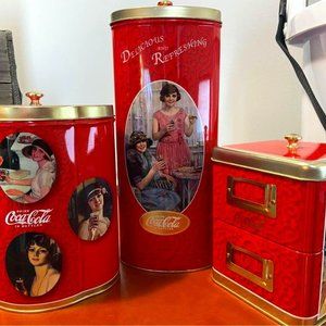 Set of 3 Vintage Collectible Coca Cola Tin Containers